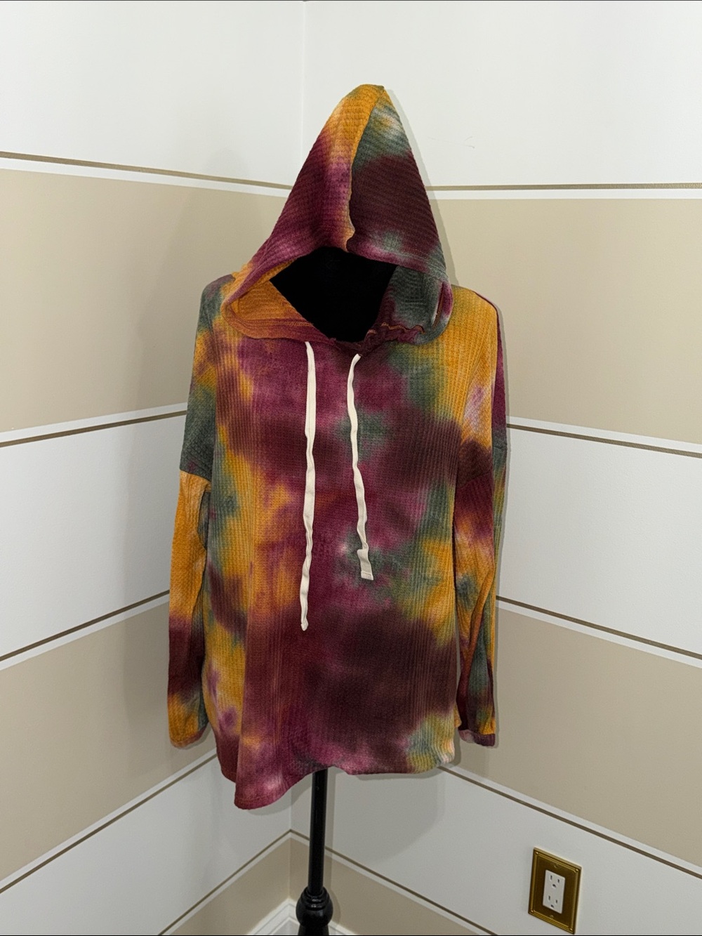 BiBi Multicolor Tie-Dye Hooded Tunic - Mustard, Maroon, Green